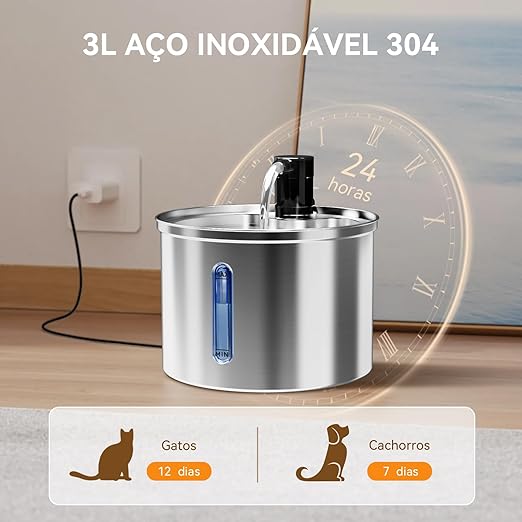 Bebedouro Fonte de Água Inox 3L para Gatos e Cães – Silenciosa com Filtro Duplo