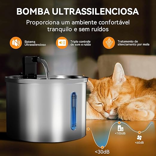 Bebedouro Fonte de Água Inox 3L para Gatos e Cães – Silenciosa com Filtro Duplo